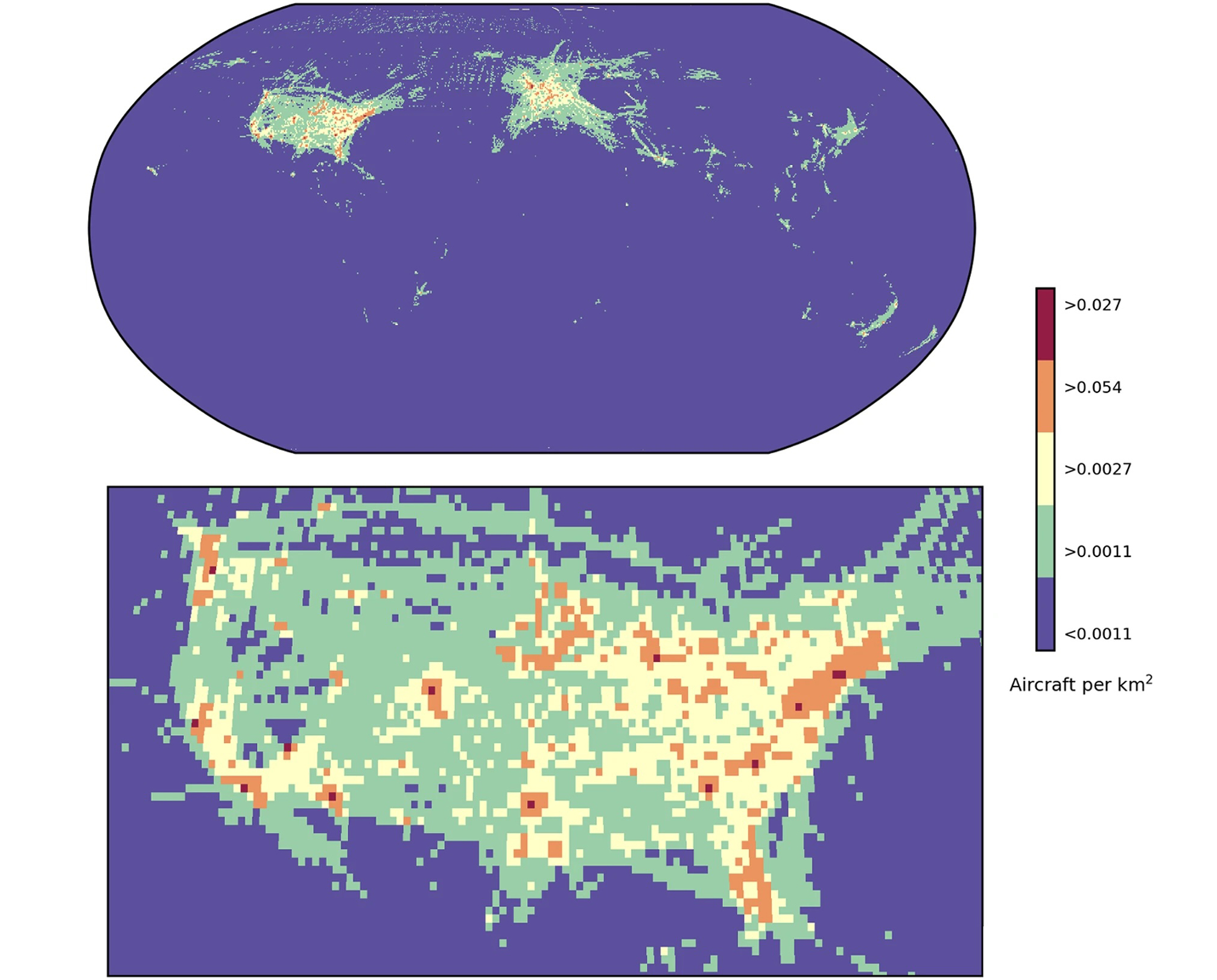 Maximum air traffic density for each grid square seen on September 1, 2023, separated by air traffic density thresholds, for the whole world and zoomed for the US.