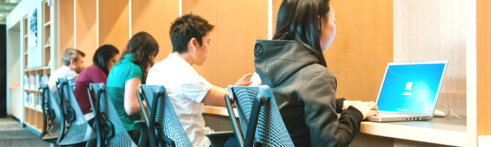 A row of students studying at a long table.