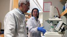 Two researchers wearing lab coats stand in a lab while looking at an experiment together.