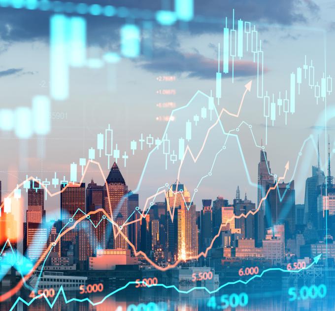 New York cityscape and forex stock market hologram, candlesticks dynamics and statistics, bar chart with numbers.